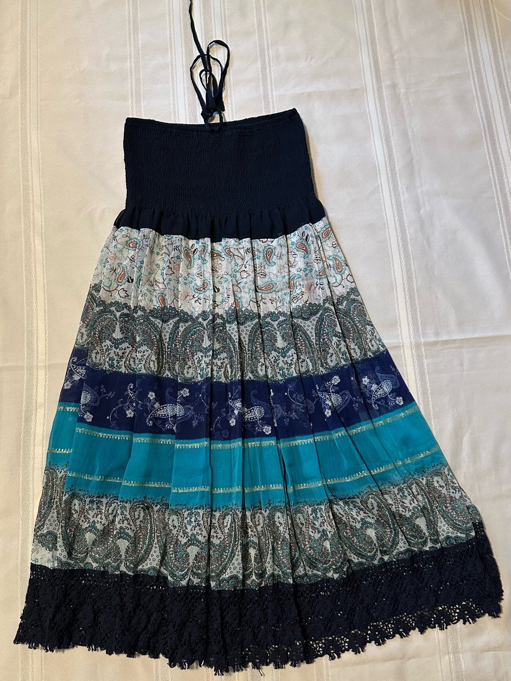 TERIA YABAR Strapless Boho Midi Dress in Navy and Teal Paisley - Picture 6 of 14